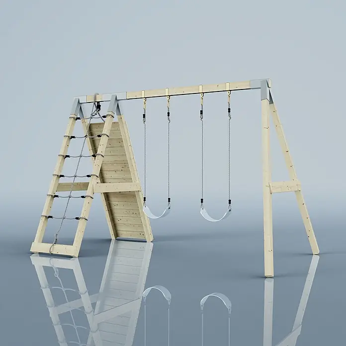 OutdoorToys Schaukel Klettergerüst Biene - B x L: 183 x 322 cm, Holz - Schaukelgerüst aus hellem Holz mit Kletternetz, schräger Holzleiter und zwei weißen Kunststoffsitzen für Spiele im Freien.