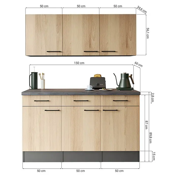 Respekta Oliver Sideboard - Breite: 150 cm, Artisan Eiche, Mit Oberschrank - Helle Küchenschränke in Holzoptik mit dunklen Griffen und dunkler Arbeitsplatte.
