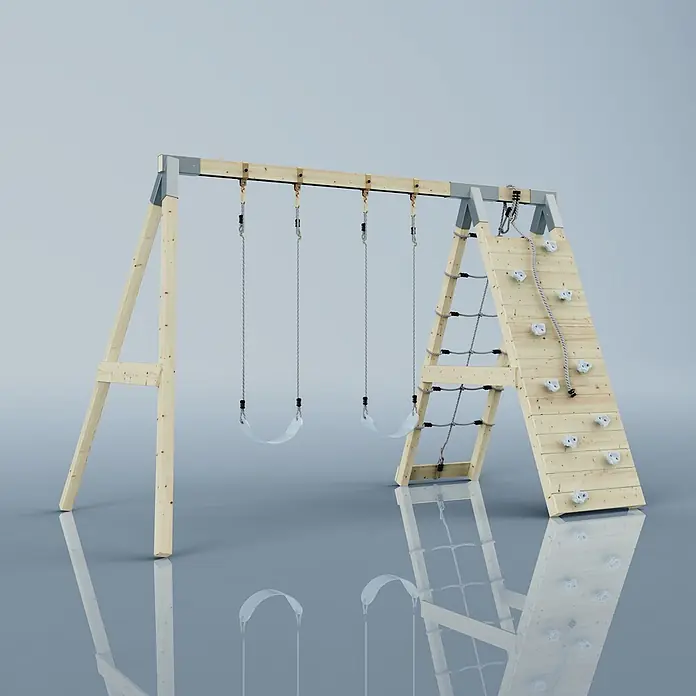 OutdoorToys Schaukel Klettergerüst Biene - B x L: 183 x 322 cm, Holz - Hölzerne Schaukelanlage mit zwei weißen Schaukeln, einem Kletternetz und einer Kletterwand mit weißen Griffen.
