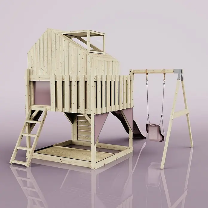 OutdoorToys Klettergerüst Madita - 308 x 414 x 291 cm, Holz, Rosa - Hölzernes Kinderspielset mit Spielhaus, Rutsche, Schaukel und Sandkasten, in hellem Holz mit rosa Akzenten.