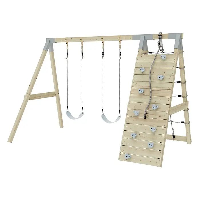 OutdoorToys Schaukel Klettergerüst Biene - B x L: 183 x 322 cm, Holz - Holzschaukel-Set mit zwei Schaukeln und einer geneigten Kletterwand mit Griffen und Seil. Aus hellem Naturholz gefertigt.