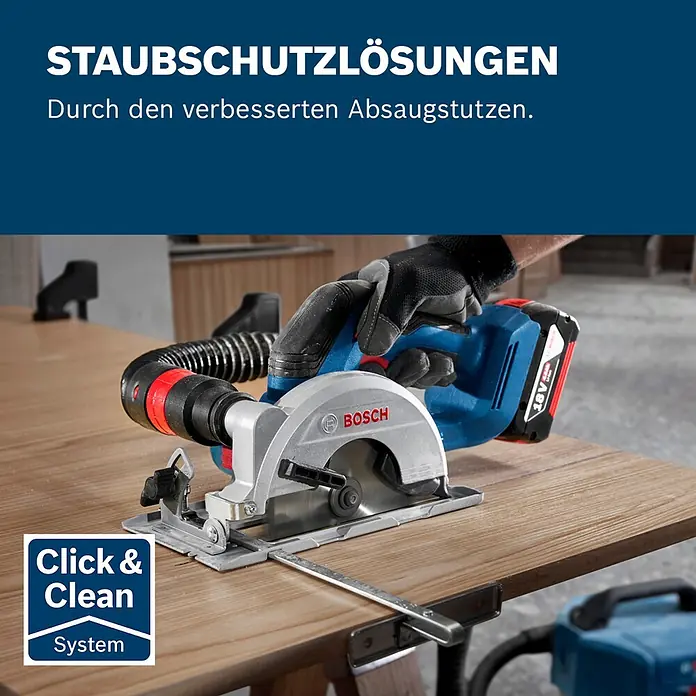 Bosch Professional AMPShare 18V Akku-Handkreissäge GKS 18V-51 - 18 V, Ohne Akku, 5.800 U/min - 6.300 U/min - Blau-silberne Bosch Handkreissäge mit Staubabsaugung schneidet Holzbrett. Click & Clean System.