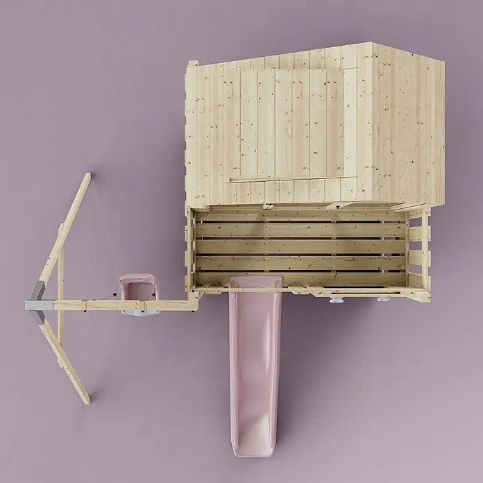 OutdoorToys Klettergerüst Madita - 308 x 414 x 291 cm, Holz, Rosa - Kinderspielturm aus hellem Holz mit rosa Rutsche und rosa Schaukelstuhl.