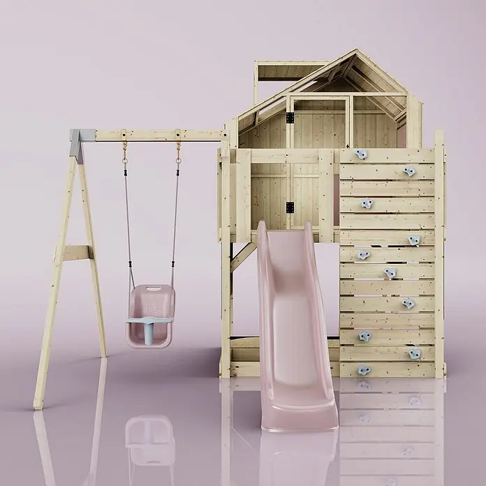 OutdoorToys Klettergerüst Madita - 308 x 414 x 291 cm, Holz, Rosa - Hölzernes Spielgerüst mit rosa Rutsche, rosa Schaukel und Kletterwand.