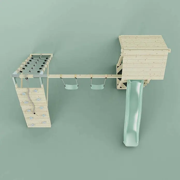 OutdoorToys Klettergerüst Kiruna - Holz, Grün - Hölzernes Spielgerät mit Kletterwand, Strickleiter, zwei Schaukeln, Spielturm und grüner Rutsche.