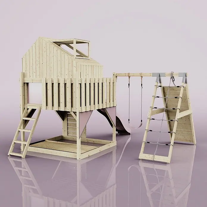 OutdoorToys Klettergerüst Anika - 399 x 414 x 291 cm, Holz, Rosa - Hölzernes Outdoor-Spielset mit Spielhaus, Dachgaube, Rutsche, zwei Schaukeln und Kletterseilnetz.