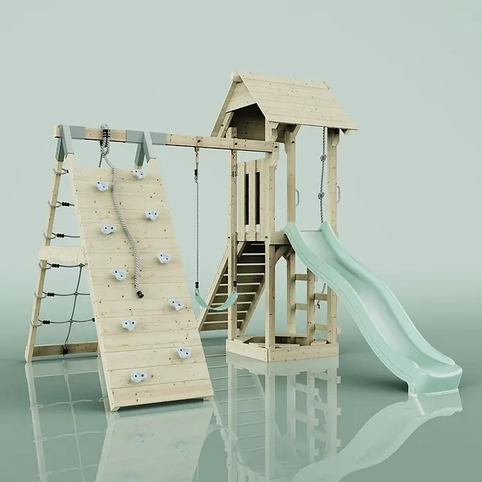 OutdoorToys Klettergerüst Trondheim - 293 x 357 x 273 cm, Holz, Grün - Hölzernes Spielgerüst mit Kletterwand, Netz, Schaukel und mintgrüner Rutsche.