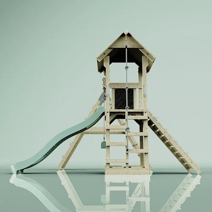 OutdoorToys Klettergerüst Trondheim - 293 x 357 x 273 cm, Holz, Grün - Natürliches Holzspielset mit Kletterturm, grüner Rutsche und Strickleiter für Kinder.