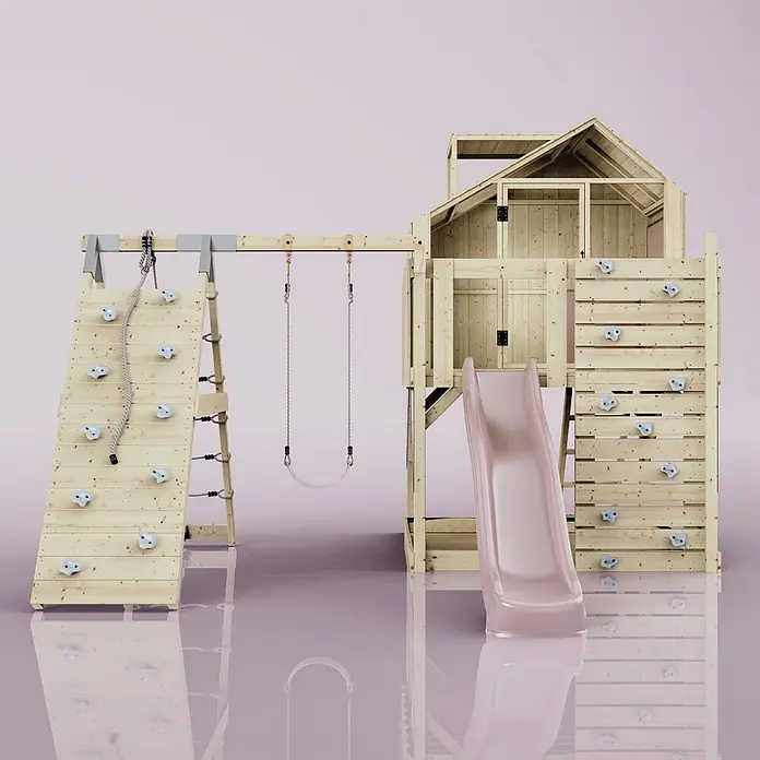 OutdoorToys Klettergerüst Anika - 399 x 414 x 291 cm, Holz, Rosa - Hölzernes Outdoor-Spielset mit Spielhaus, rosa Rutsche, Kletterwand mit Griffen und Seil sowie einer Einzelschaukel.