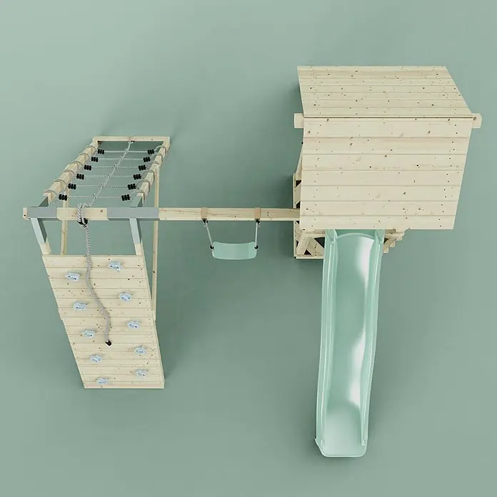 OutdoorToys Klettergerüst Trondheim - 293 x 357 x 273 cm, Holz, Grün - Hölzernes Kinderspielset mit Kletterwand, Kletternetz, Schaukel, Spielhaus und hellgrüner Rutsche.