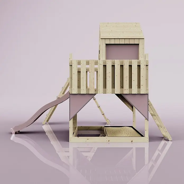 OutdoorToys Klettergerüst Anika - 399 x 414 x 291 cm, Holz, Rosa - Hölzerner Spielturm mit Haus, rosa Rutsche und integriertem Sandkasten, mit rosa Akzenten.