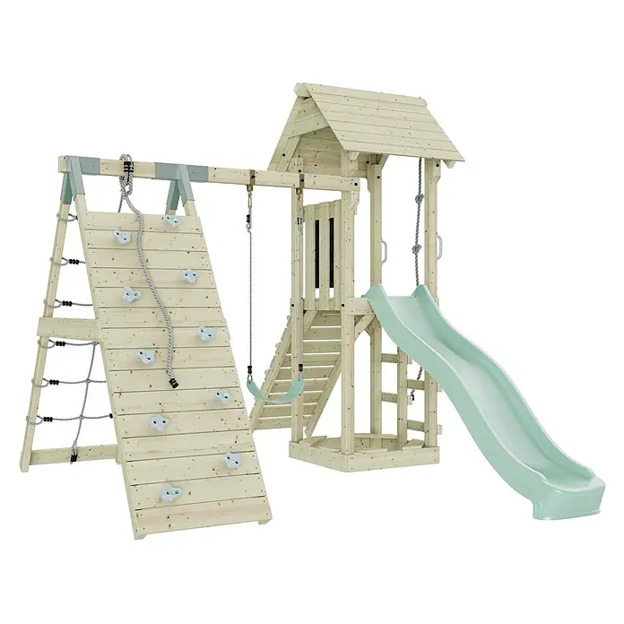 OutdoorToys Klettergerüst Trondheim - 293 x 357 x 273 cm, Holz, Grün - Holzspielplatz mit hellgrüner Rutsche, Kletterwand und Einzelschaukel.