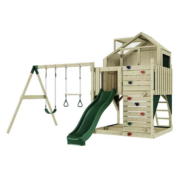 OutdoorToys Klettergerüst Lasse - 399 x 414 x 291 cm, Holz, Grün - Hölzernes Spielset mit grüner Rutsche, Schaukel, Kletterwand mit bunten Griffen und Sandkastenbereich für Kinder.