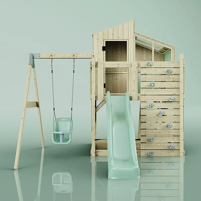 OutdoorToys Klettergerüst Lotta - 308 x 414 x 291 cm, Holz, Grün - Hölzernes Outdoor-Spielset mit hellgrüner Schaukel, hellgrüner Rutsche und Kletterwand.