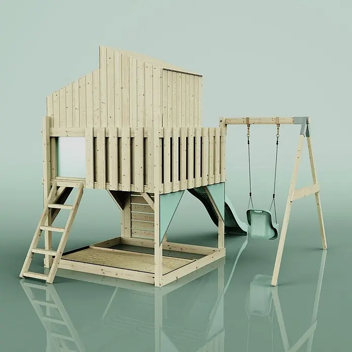 OutdoorToys Klettergerüst Lotta - 308 x 414 x 291 cm, Holz, Grün - Holzspielplatz mit Spielhaus, Rutsche, Sandkasten und Schaukel aus Naturholz mit hellgrünen Elementen.
