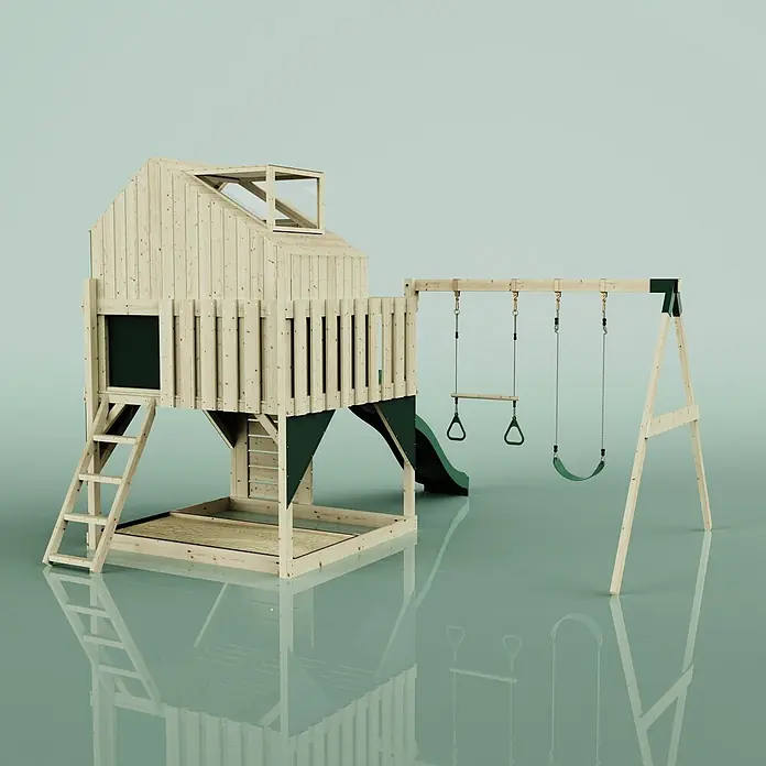 OutdoorToys Klettergerüst Lasse - 399 x 414 x 291 cm, Holz, Grün - Holzspielplatz mit Haus, Rutsche, Sandkasten und Schaukelset. Helles Holz und dunkelgrüne Akzente.