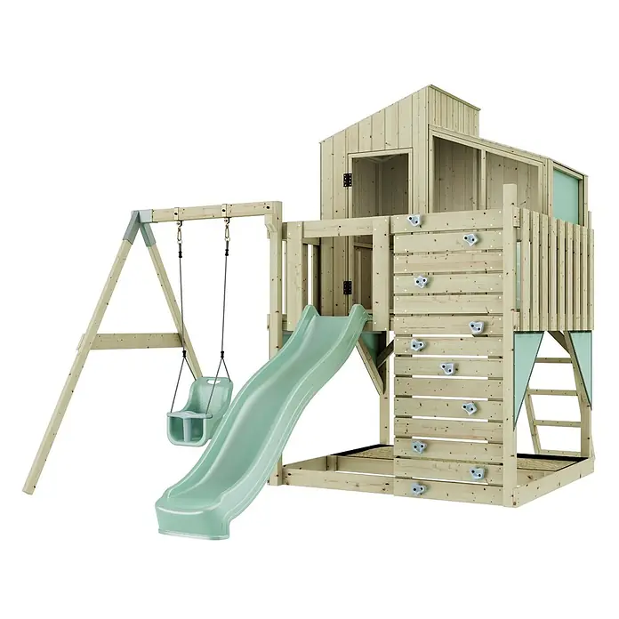 OutdoorToys Klettergerüst Lotta - 308 x 414 x 291 cm, Holz, Grün - Spielturm aus Holz mit Schaukel, grüner Rutsche, Kletterwand und Spielhaus.