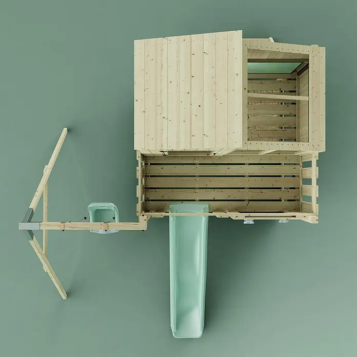OutdoorToys Klettergerüst Lotta - 308 x 414 x 291 cm, Holz, Grün - Hölzernes Kinderspielhaus mit grüner Rutsche und Sitz, für erhöhtes Spielen konzipiert.