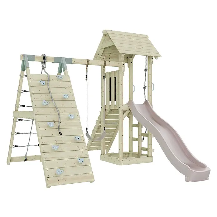 OutdoorToys Klettergerüst Trondheim - 293 x 357 x 273 cm, Holz, Rosa - Spielplatz aus hellem Holz mit Rutsche, Kletterwand, Seilleiter, Schaukel und Spielturm.