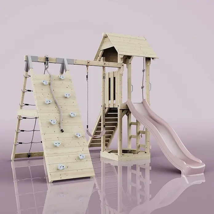OutdoorToys Klettergerüst Trondheim - 293 x 357 x 273 cm, Holz, Rosa - Holzspielplatz mit hellrosa Rutsche, Schaukel, Kletterwand mit weißen Griffen und einem Spielturm für Kinder.