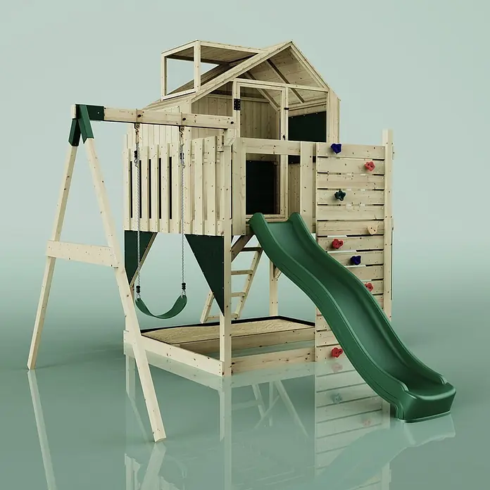 OutdoorToys Klettergerüst Madita - 308 x 414 x 291 cm, Holz, Grün - Spielplatz aus Holz mit grüner Rutsche, Schaukeln, Kletterwand und Spielhaus.