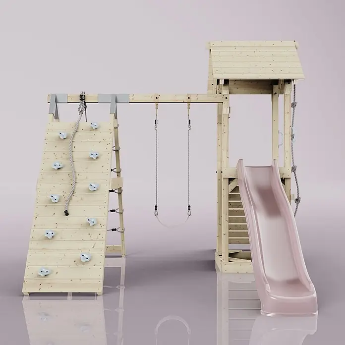 OutdoorToys Klettergerüst Trondheim - 293 x 357 x 273 cm, Holz, Rosa - Hölzernes Spielgerüst mit Kletterwand, zwei Schaukeln und einer rosa Rutsche.