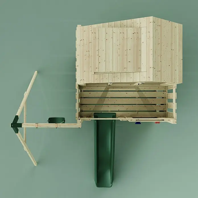 OutdoorToys Klettergerüst Madita - 308 x 414 x 291 cm, Holz, Grün - Blick von oben auf ein Spielhaus aus Naturholz mit grüner Rutsche und grüner Schaukel, Teil eines Spielgeräts.