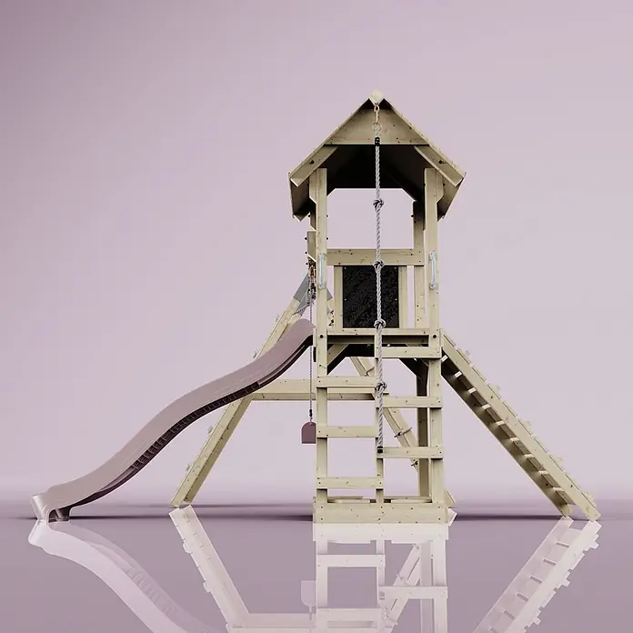 OutdoorToys Klettergerüst Trondheim - 293 x 357 x 273 cm, Holz, Rosa - Hölzernes Klettergerüst mit taupefarbener Rutsche und Kletterseilen, reflektiert auf hellrosa Oberfläche.