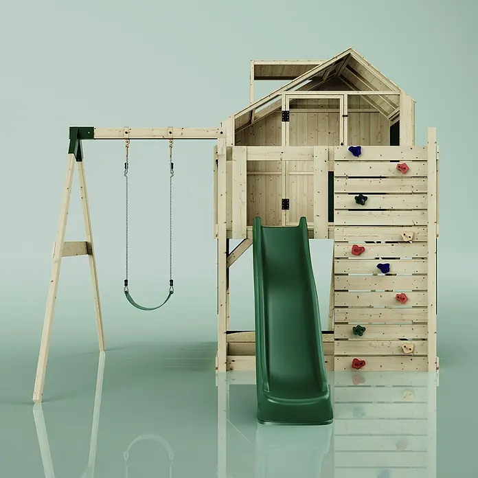 OutdoorToys Klettergerüst Madita - 308 x 414 x 291 cm, Holz, Grün - Holzspielplatz für Kinder mit grüner Rutsche, Schaukel und Kletterwand mit bunten Griffen.