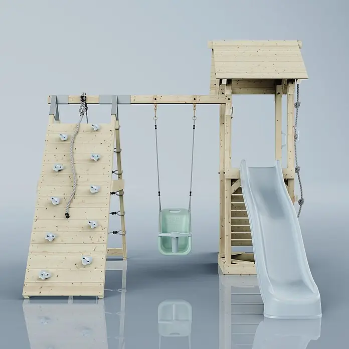 OutdoorToys Klettergerüst Trondheim - 293 x 357 x 273 cm, Holz, Blau - Hölzernes Spielgerüst mit Kletterwand, Seil, grüner Schaukel, Rutsche und Turm für Kinder.