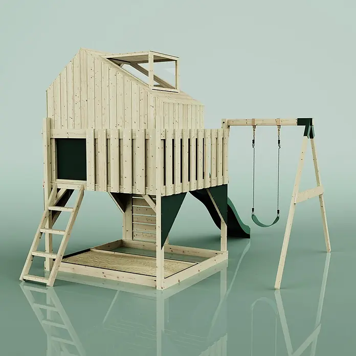 OutdoorToys Klettergerüst Madita - 308 x 414 x 291 cm, Holz, Grün - Holzspielhaus mit Rutsche, Schaukeln, Leiter und Sandkasten, aus hellem Holz mit dunkelgrünen Akzenten.
