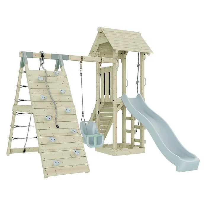 OutdoorToys Klettergerüst Trondheim - 293 x 357 x 273 cm, Holz, Blau - Hölzernes Spielturm-Set mit hellblauer Rutsche, Kletterwand und Babyschaukel.