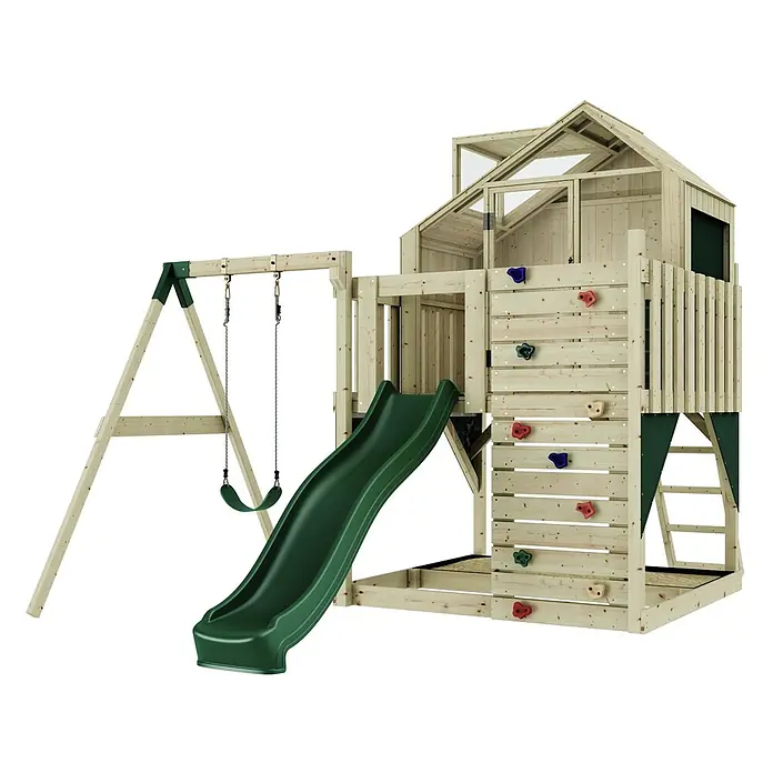 OutdoorToys Klettergerüst Madita - 308 x 414 x 291 cm, Holz, Grün - Holzspielplatz mit grüner Rutsche, Schaukel, Kletterwand mit bunten Griffen und erhöhtem Spielhaus.