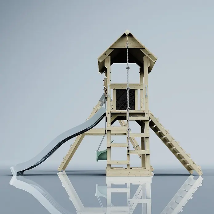 OutdoorToys Klettergerüst Trondheim - 293 x 357 x 273 cm, Holz, Blau - Hölzernes Spielturm mit grauer Rutsche, Kletterleiter, Seil und grüner Schaukel für Kinder zum Spielen im Freien.