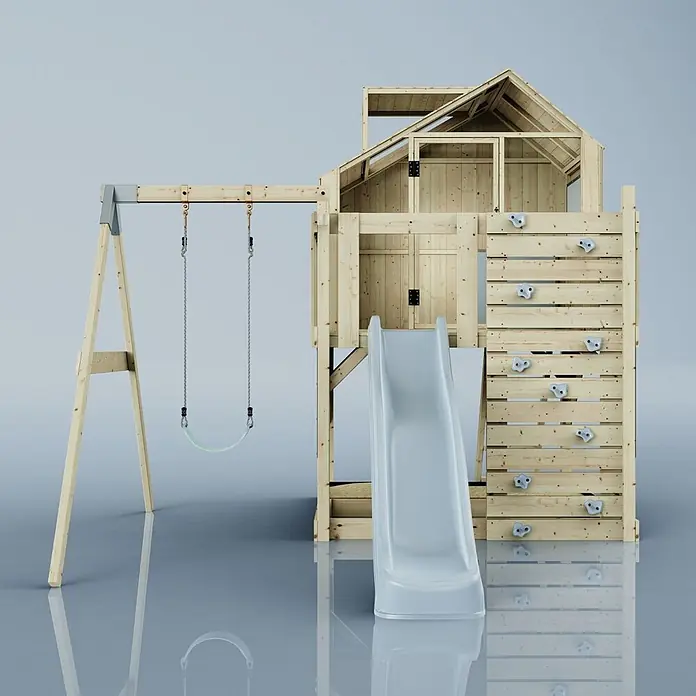 OutdoorToys Klettergerüst Madita - 308 x 414 x 291 cm, Holz, Blau - Hölzernes Spielgerät mit Schaukel, Rutsche, Kletterwand und Spielhaus, in Naturholz mit hellgrauer Rutsche.