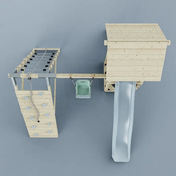 OutdoorToys Klettergerüst Trondheim - 293 x 357 x 273 cm, Holz, Blau - Multifunktionale Holzspielanlage mit Rutsche, Kletterwand mit Seil, Kletternetz und Schaukelsitz.