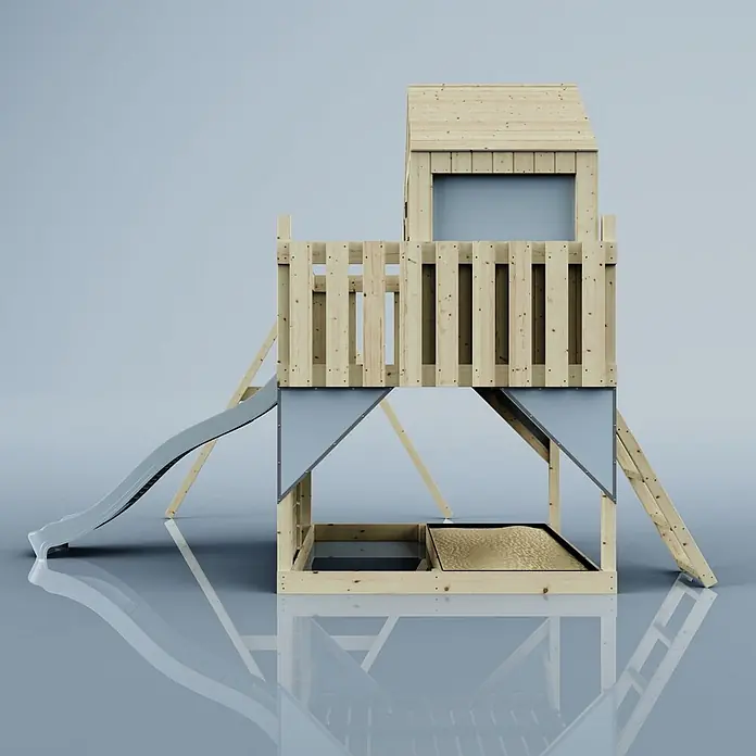 OutdoorToys Klettergerüst Madita - 308 x 414 x 291 cm, Holz, Blau - Hölzerner Spielturm mit grauer Rutsche, kleinem Haus oben und Sandkasten unten.