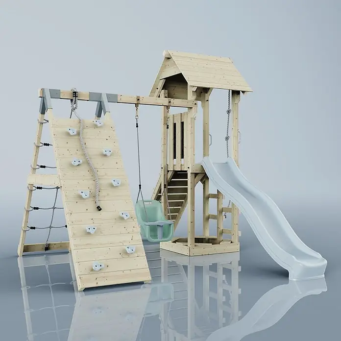 OutdoorToys Klettergerüst Trondheim - 293 x 357 x 273 cm, Holz, Blau - Holz-Garten-Spielplatz mit Kletterwand, Strickleiter, grüner Schaukel, Spielturm und weißer Rutsche.