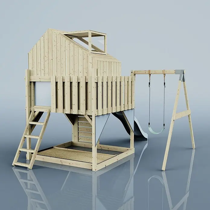 OutdoorToys Klettergerüst Madita - 308 x 414 x 291 cm, Holz, Blau - Hölzernes Kinderspielhaus mit Rutsche, Sandkasten und Schaukel, in natürlicher Holzoptik.