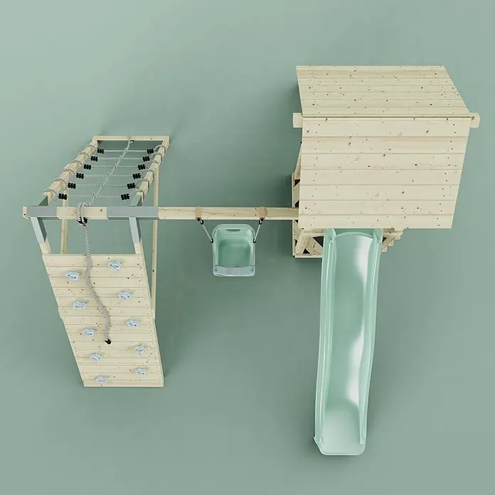 OutdoorToys Klettergerüst Trondheim - 293 x 357 x 273 cm, Holz, Grün - Hölzernes Outdoor-Spielset mit Kletterwand, Seilnetz, hellgrüner Rutsche und Schaukel für Kinder.