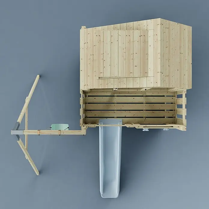 OutdoorToys Klettergerüst Madita - 308 x 414 x 291 cm, Holz, Blau - Helles Holz-Spielhaus für Kinder mit integrierter blauer Rutsche und angebautem Holzregal mit grüner Schale.