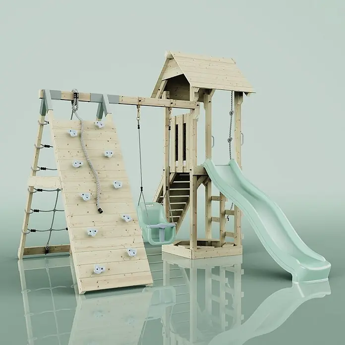 OutdoorToys Klettergerüst Trondheim - 293 x 357 x 273 cm, Holz, Grün - Hölzernes Spielgerüst mit Turm, hellgrüner Rutsche, Kletterwand mit Seil und weißen Griffen sowie einer hellgrünen Babyschaukel.