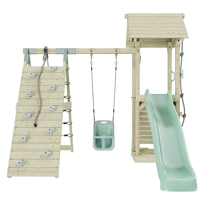 OutdoorToys Klettergerüst Trondheim - 293 x 357 x 273 cm, Holz, Grün - Hölzernes Spielgerüst mit grüner Rutsche, Kletterwand mit weißen Griffen und einer Babyschaukel.