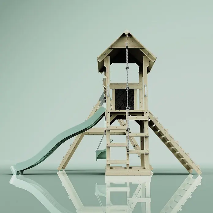 OutdoorToys Klettergerüst Trondheim - 293 x 357 x 273 cm, Holz, Grün - Hölzerner Spielturm mit grüner Rutsche, Kletterseil und Leiter für Kinder.