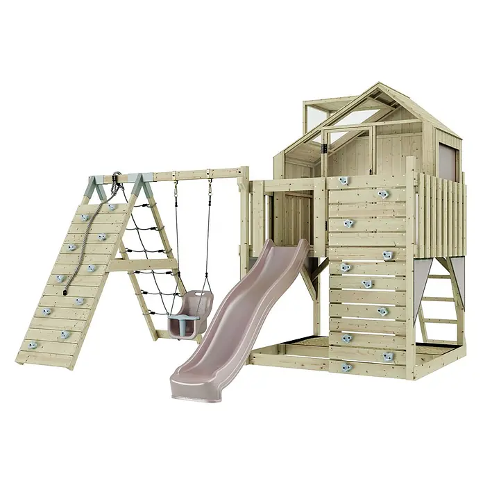 OutdoorToys Klettergerüst Anika - 399 x 414 x 291 cm, Holz, Rosa - Hölzerner Spielplatz mit rosa Rutsche, Kletterwand, Schaukeln und Spielhaus.