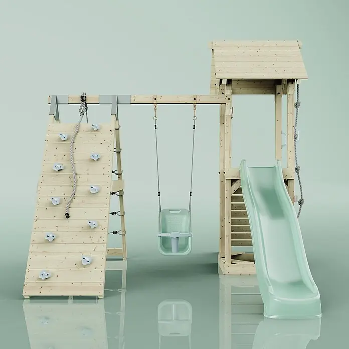 OutdoorToys Klettergerüst Trondheim - 293 x 357 x 273 cm, Holz, Grün - Spielplatz aus Holz mit Kletterwand, Seil, hellgrüner Rutsche und Babyschaukel.