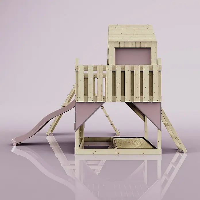 OutdoorToys Klettergerüst Anika - 399 x 414 x 291 cm, Holz, Rosa - Hölzerner Spielturm mit Rutsche, Sandkasten und Spielhaus, Naturholz und rosa Akzente.