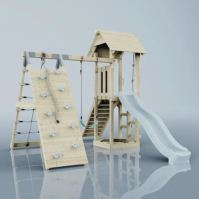 OutdoorToys Klettergerüst Trondheim - 293 x 357 x 273 cm, Holz, Blau - Hölzernes Kinderspielset mit Kletterwand, Strickleiter, Rutsche und Schaukel. Aus Naturholz, mit weißer Rutsche und grüner Schaukel.