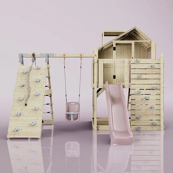 OutdoorToys Klettergerüst Anika - 399 x 414 x 291 cm, Holz, Rosa - Hölzerner Kinderspielturm mit Kletterwand, Seil, rosa Rutsche, Schaukel und Spielhaus. Mit hellblauen Klettergriffen.