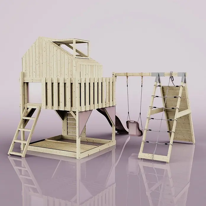 OutdoorToys Klettergerüst Anika - 399 x 414 x 291 cm, Holz, Rosa - Hölzernes Outdoor-Spielhaus mit Rutsche, zwei Schaukeln und Kletternetz. Mit Hochburg und Spielbereich auf Bodenniveau.